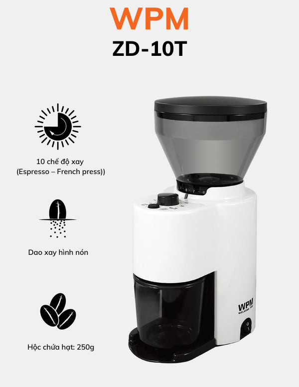 Máy xay cà phê WPM D-10T có kích thước nhỏ gọn những sở nhiều tính năng cần thiết